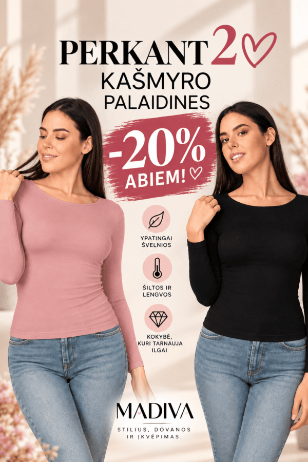 2 palaidinės su kašmyru - specialus pasiūlymas su 20% nuolaida. Juoda ir rožinė spalvos.